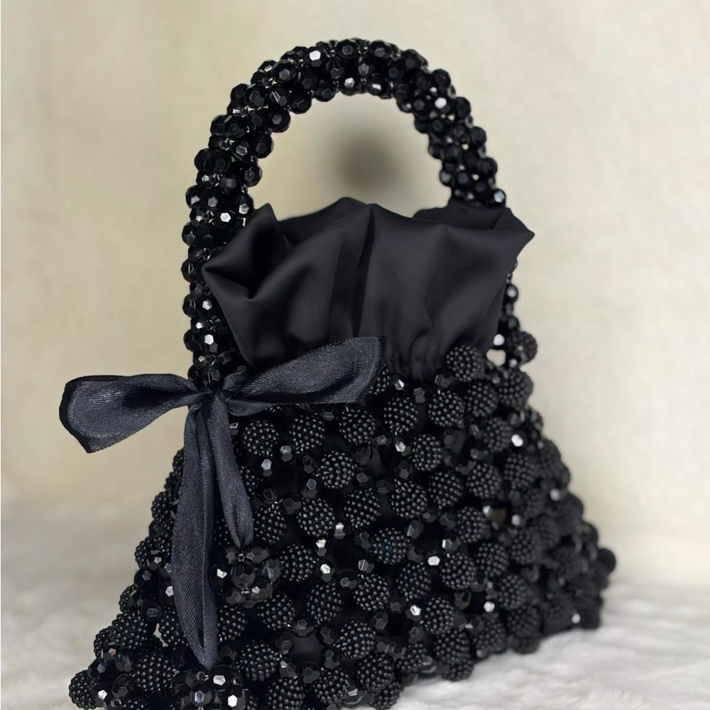Handcrafted Elegant Black Beaded Top-Handle Women's Bag